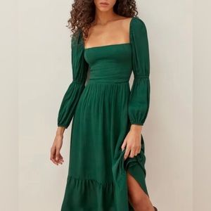 Nordstrom-Reformation Long Sleeve Midi Dress - Size 10 , Forrest Green / Emerald